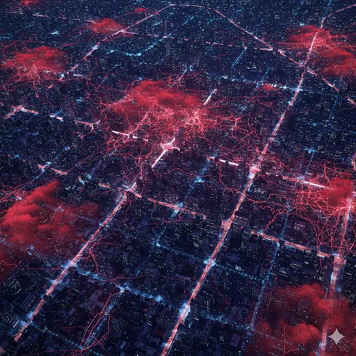 都市の地図上に、赤いインクが水に溶けるように広がり、全体を覆い尽くしていく抽象的な視覚表現。