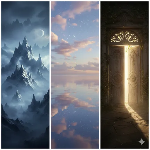 暗闇から姿を見せる実体、水面に映る心情、そして光り輝く真実の象徴が共存するイメージ。