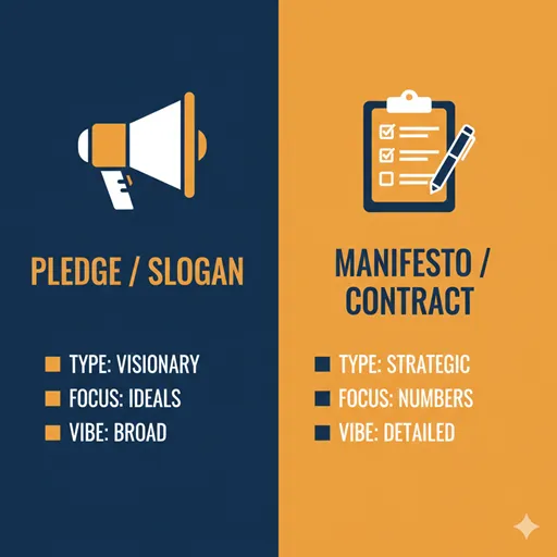 公約（PLEDGE / SLOGAN）とマニフェスト（MANIFESTO / CONTRACT）を、具体性（SPECIFICITY）と責任（ACCOUNTABILITY）の軸で比較した英語のインフォグラフィック。