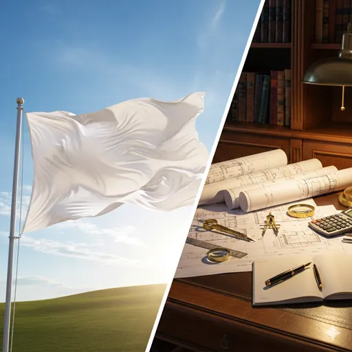 青空を背景に力強く掲げられた抽象的な旗（公約）と、デスクの上で緻密に書き込まれた設計図と電卓（マニフェスト）の対比イメージ。