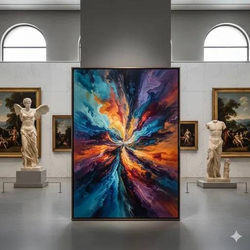 重厚な美術館の展示室。中央には強烈なスポットライトを浴びる一点の絵画（傑作）があり、背景には多くの人々に永く愛されてきた彫像（名作）が並んでいる。