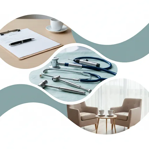 問診票とペン、聴診器、そして二人の人物が向き合って対話している様子を組み合わせた、医療と心のケアを象徴するイメージ。