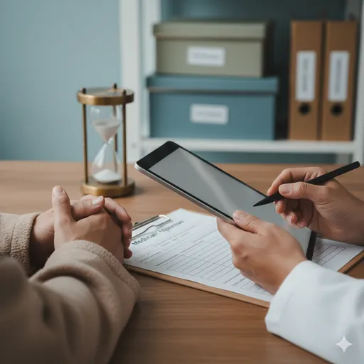 患者が過去を思い出しながら話し、それを医療者が丁寧に書き留めている、情報の棚卸しの瞬間。