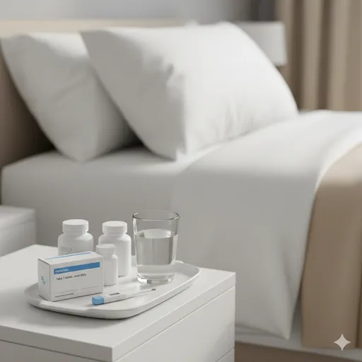 サイドテーブルに置かれた処方薬と水、そして体温計。医学的な管理の下で休息している様子。