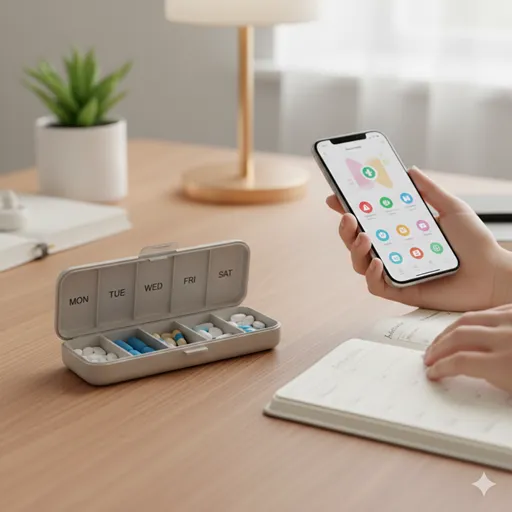 一週間分に仕分けられたピルケースと、スマートフォンで服薬のリマインダーを確認している、計画的な薬物管理の風景。
