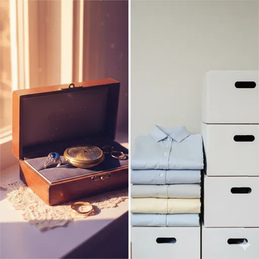 柔らかな光が差し込む部屋のテーブルに置かれた、故人を偲ばせる古い時計と、整理のために丁寧に畳まれた衣服の山。