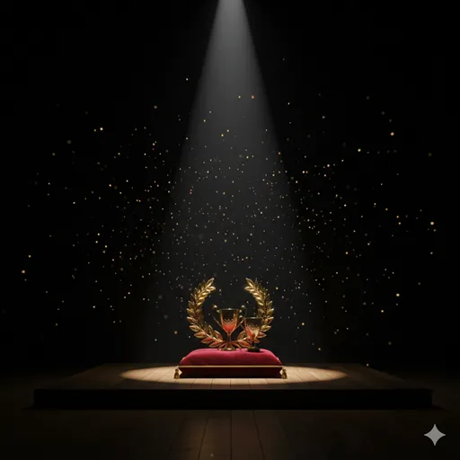 劇場の舞台のような場所で、赤いベルベットのクッションの上に乗せられた一輪の月桂冠と、その背後で輝くスポットライト。