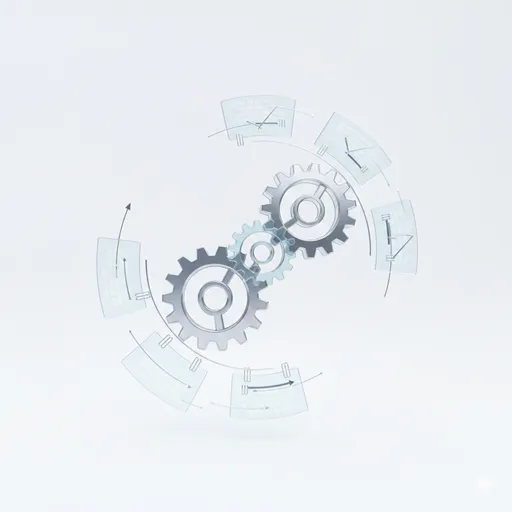 精密な時計の内部のように、多くの歯車が噛み合って静かに動き続けている、計画的な運用のイメージ。