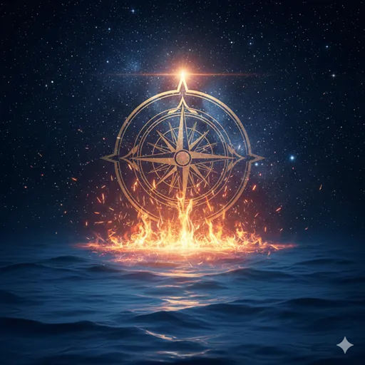 深く静かな水源、鮮やかに燃えるマッチの火、そして遠くを指し示すコンパスが調和して配置された抽象的なイメージ。