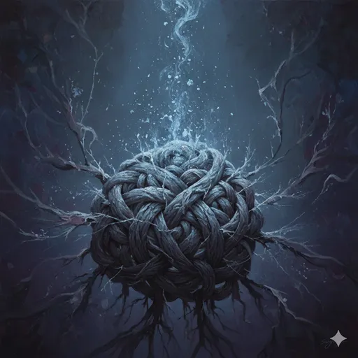 暗い背景の中で、何かに囚われた心と、そこから解き放たれようとする光の粒子が混ざり合う抽象的なイメージ。