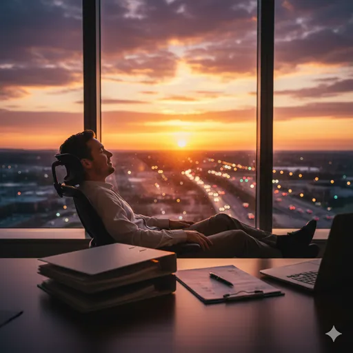 一日の仕事を終え、窓の外の夕日を眺めながら充実感に浸る人物。