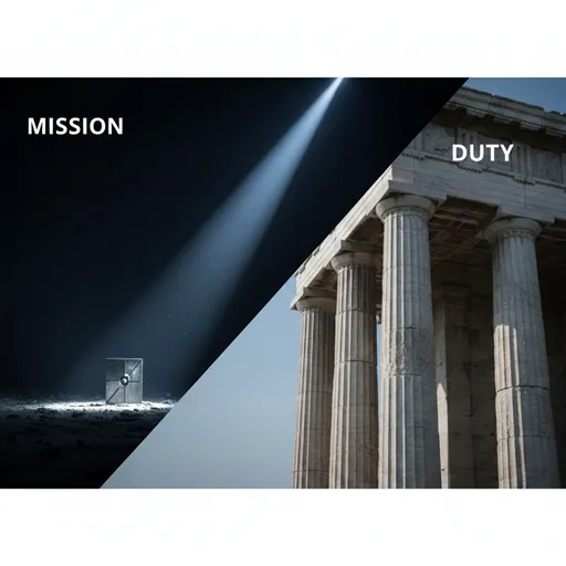 暗闇を照らすサーチライトの光（任務）と、巨大な大理石の柱（責務）を対比させた、遂行と持続の象徴。