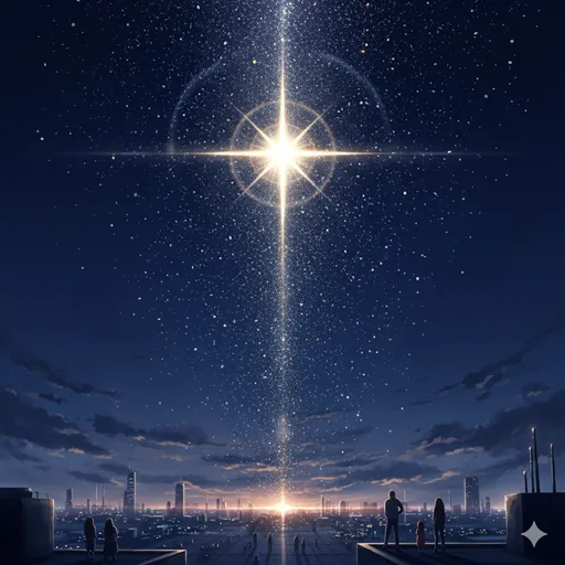 コンサート会場で光る無数のペンライトの海と、ステージを仰ぎ見るような幻想的な光景。