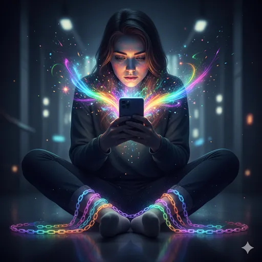 スマートフォンの画面から伸びる美しい光の筋が、いつの間にか鎖に変わってユーザーを縛っている様子。