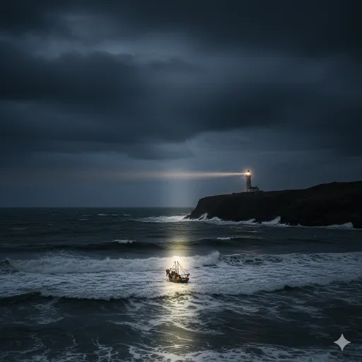 荒れた海を照らし、進むべき航路をはっきりと示す遠くの灯台の光。