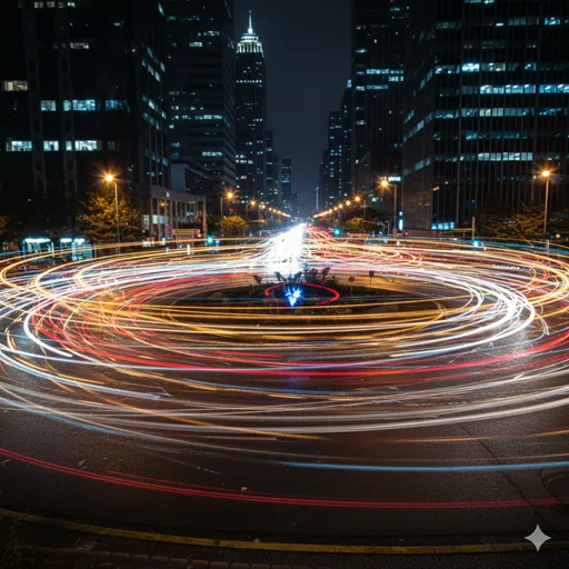 長時間露光で撮影された、街中を巡回する車のライトの光跡。