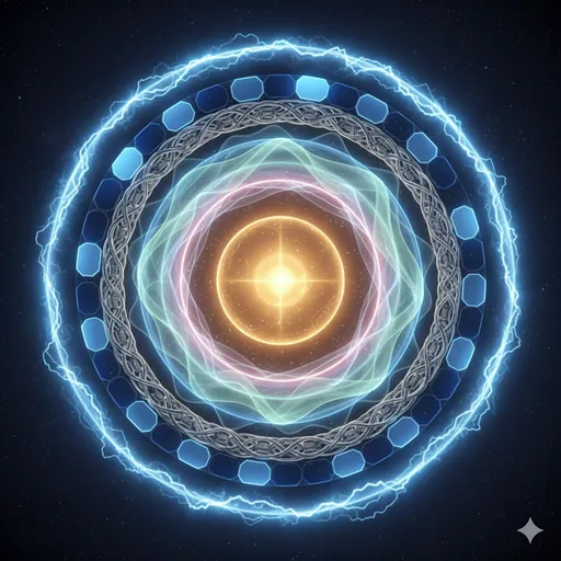 穏やかな家を囲むように、幾重にも重なる光の輪が守りを固めている多層防御のイメージ。