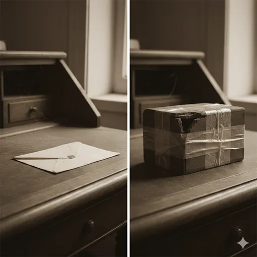 埃を被ったままの手紙（なおざり）と、雑にテープで補修された箱（おざなり）を対比させ、無策と手抜きの違いを表現したイメージ。