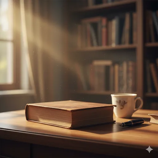 沈みゆく夕日の反対側から、微かな夜明けの光が差し込み、一冊の本が閉じられている静かなデスクの風景。