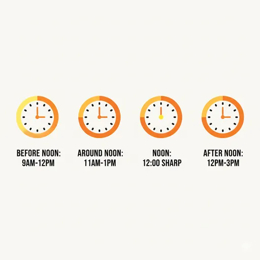 NOON（12:00）、AROUND NOON（11:00-13:00）、BEFORE NOON（9:00-12:00）、AFTER NOON（12:00-15:00）を時計のアイコンで示した英語の図解。