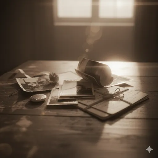 古いアルバムから溢れ出した、セピア色の写真や押し花が静かに散らばっているノスタルジックな風景。