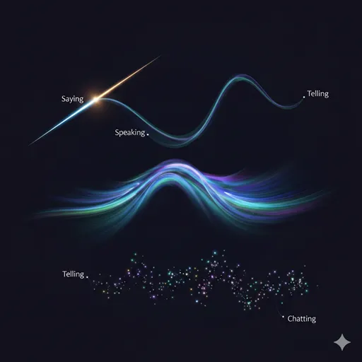 点、線、面、波のような光のエフェクトが重なり合い、多様なコミュニケーションの形を象徴するアーティスティックなイメージ。