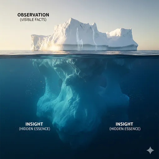 海の上に浮かぶ氷山（可視化された観察）と、その下に広がる巨大な氷の塊（不可視の洞察）をドラマチックに描いたイメージ。
