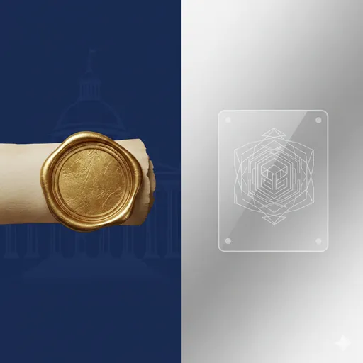 重厚な国の紋章が入った金色の証書（公認）と、専門的なエンブレムが刻印された洗練された銀色の証明書（認定）が、大理石のデスクの上に並んでいる様子。