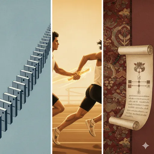 階段を一段ずつ登る足元、リレーのバトンを渡す手、そして古文書の上に置かれた印章の対比。