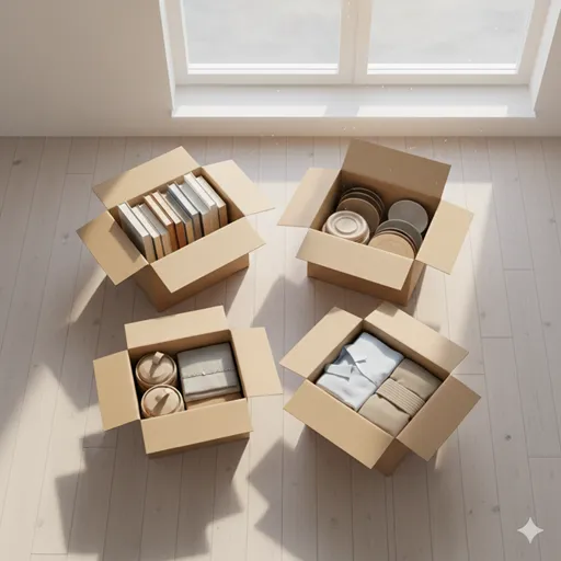 人がいなくなった後の部屋で、段ボール箱に整然と分類されていく日用品や生活雑貨。