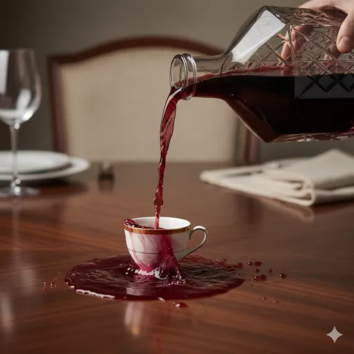 小さなティーカップに、大きなデキャンタから並々とワインが注がれ、溢れ出している様子。