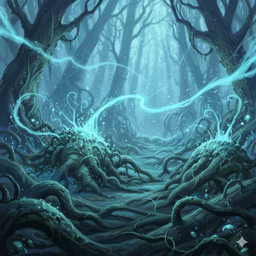 地面を覆い尽くす強靭なつる草と、空気中を不気味に伝播していく霧のようなエネルギーが交錯するイメージ。