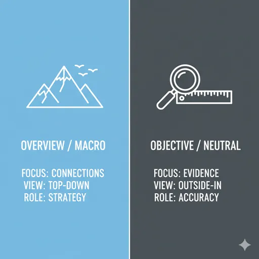 俯瞰的（OVERVIEW / MACRO）と客観的（OBJECTIVE / NEUTRAL）を、視点の位置（LOCATION）と役割（ROLE）で比較した英語のインフォグラフィック。