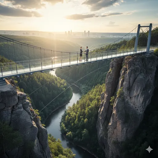 二つの異なる大陸の間に架かる強固な橋と、その上で協力し合う二人のシルエット。適切な契約関係が築く橋渡しのイメージ。