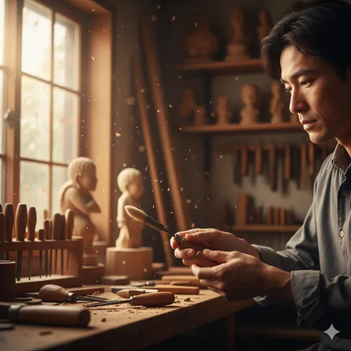 年老いた職人の手から、若者の手へと受け継がれる年季の入った道具。