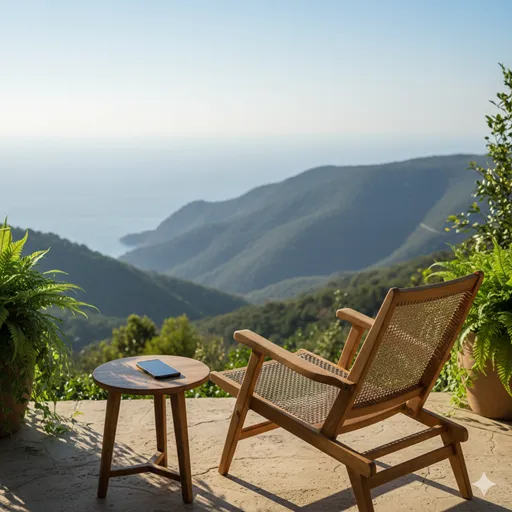 都会の喧騒を離れ、自然に囲まれた静かなベランダで何もせずに遠くを眺めているリラックスした時間。