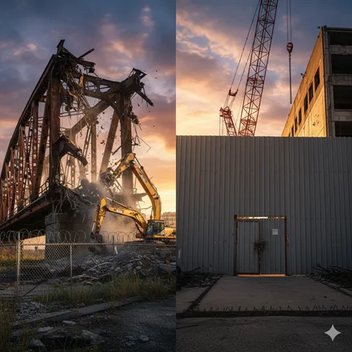 役割を終えた古い橋が取り壊され、その横に新しい道が開通している風景。