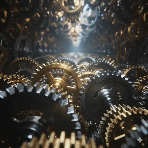 どこまでも続く機械の内部のように、完璧な精度で回り続ける金属製の歯車とシャフトの列。