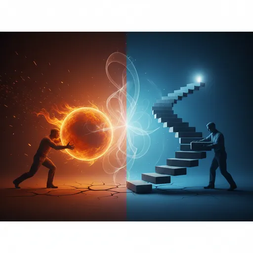 歯を食いしばり重い岩を押し上げるシルエットと、緻密に描かれた設計図の上で着実に階段を積み上げていく光景の対比。