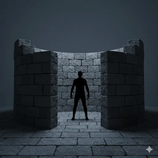 自分の周囲に高い石壁を築き、内側に閉じこもって外の世界を拒絶している様子。