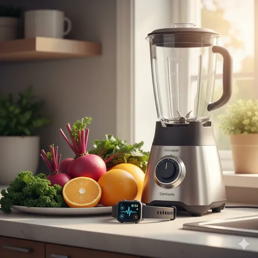 新鮮な野菜や果物、そしてスマートウォッチが表示する心拍データの光景。