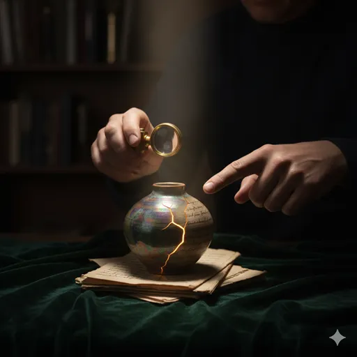 磨かれた原石のように、未完成ながらも一部が強く輝いている作品を、専門家が大切に扱っている様子。