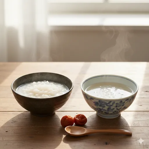 木のテーブルの上に置かれた、質感の異なる二種類のお粥。一方はとろみがあり、もう一方は水分が多い。