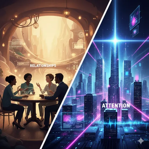 穏やかに握手を交わす対話の風景と、街を彩る華やかなネオンや巨大なビジョンが重なり合うイメージ。