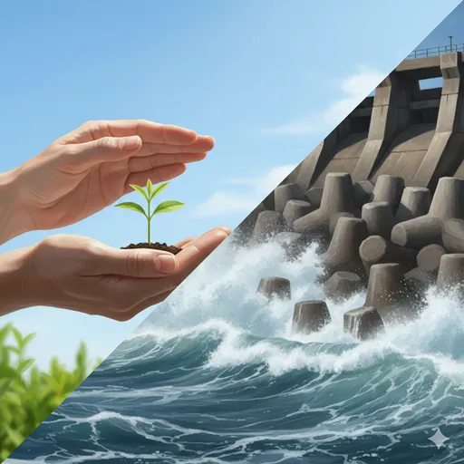 穏やかな庭園での手入れの風景と、巨大なダムが激流を食い止めている風景が重なり合うイメージ。