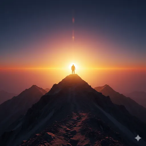 山頂で昇る朝日を浴びながら、背筋を伸ばして遠くを見つめる一人のビジネスパーソンのシルエット。