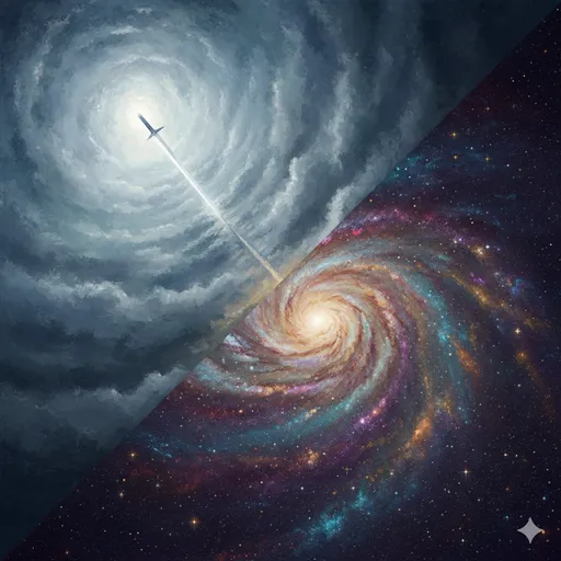 まっすぐに伸びる一本の道（すべからく）と、背景に広がる無限の星空（すべて）を対比させた、哲学的で美しい風景。