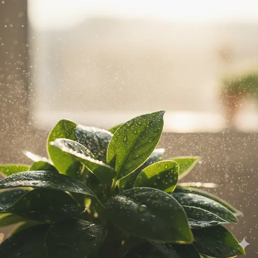 霧吹きで若葉に水をやり、病害虫がつかないようにあらかじめケアをしている様子。