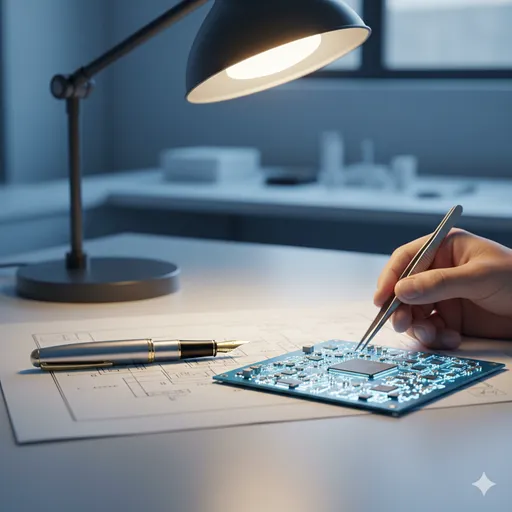 顕微鏡や精密な計測機器、専門書が整然と並ぶデスクで、高度な技術を持つ専門家が真剣に品質をチェックしている手元のクローズアップ。