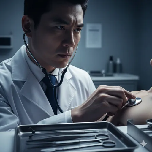 医師が専門的な視線で、身体の微細なサインを見逃さないよう慎重に検査を行っているプロフェッショナルな場面。